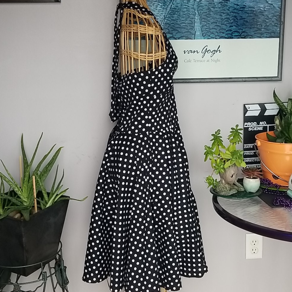 Maggie Tang Retro 1950's Medium Black & White Polka Dot Halter Midi Swing Dress - Picture 4 of 9
